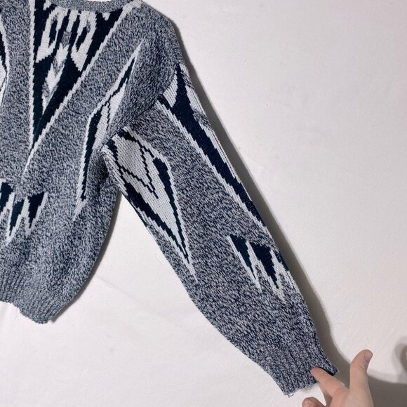 Vintage 90s Montello Black And White Dad Sweater With Faux Leather Patches M - Picture 12 of 14